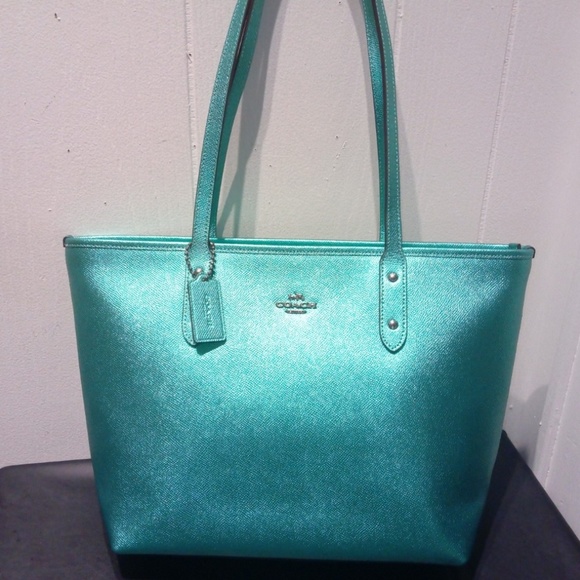 Coach Bags Coach City Zip Tote In Metallic Sea Green Leather Poshmark